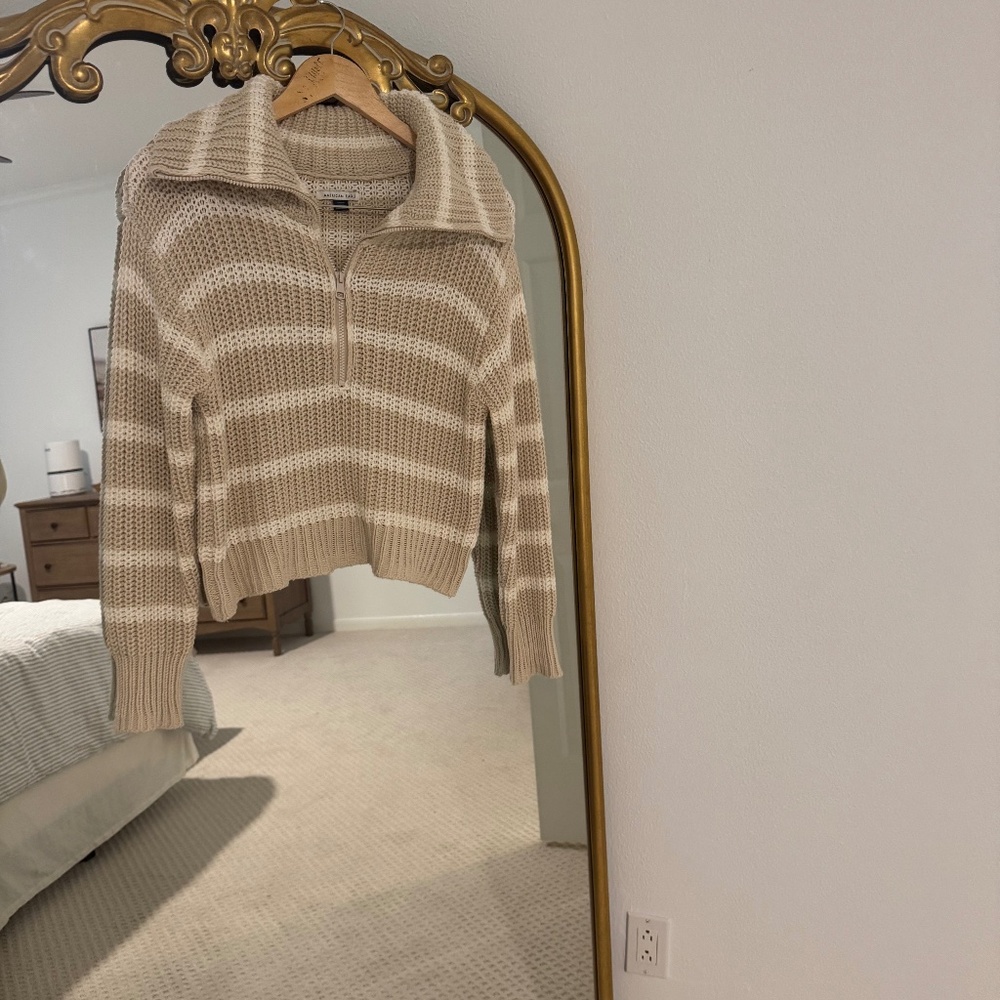 Beige Striped Half Zip Knit Sweater